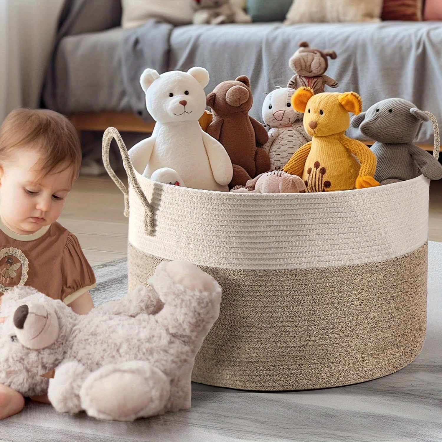 Large Blanket Basket (50.8cm x 33.02cm), Baskets for Storage Baby Laundry Hamper, Rope Blanket Basket for Living Room, Laundry, Nursery, Pillows, Baby Chest with Handles (White/ Brown), Laundry Hampers