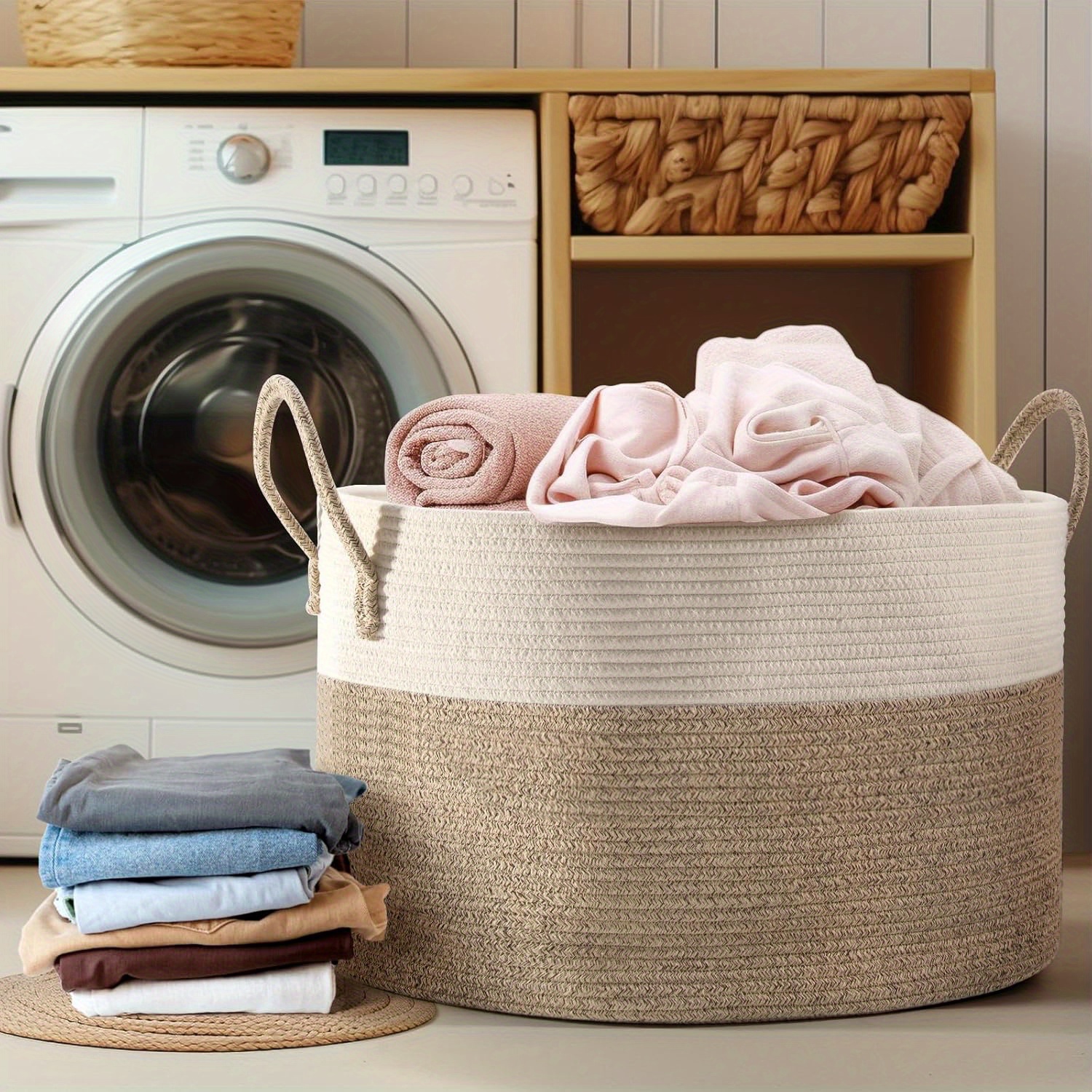 

Large Woven Rope Blanket Basket 20"x13" - Foldable Storage Hamper For Laundry, Nursery, Living Room - Ideal For Pillows, Toys, With Handles, Machine Washable - White/brown