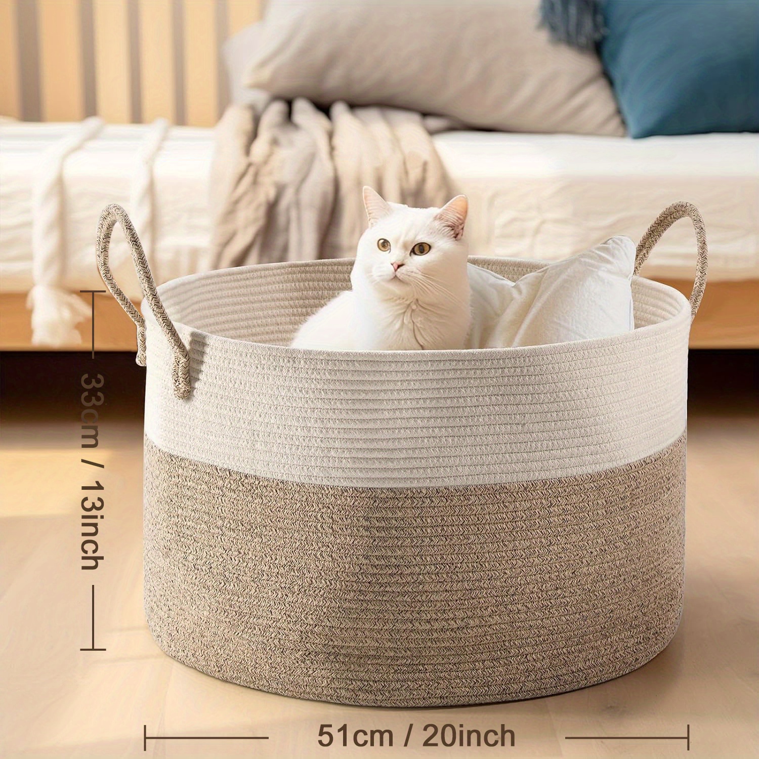 Large Blanket Basket (50.8cm x 33.02cm), Baskets for Storage Baby Laundry Hamper, Rope Blanket Basket for Living Room, Laundry, Nursery, Pillows, Baby Chest with Handles (White/ Brown), Laundry Hampers