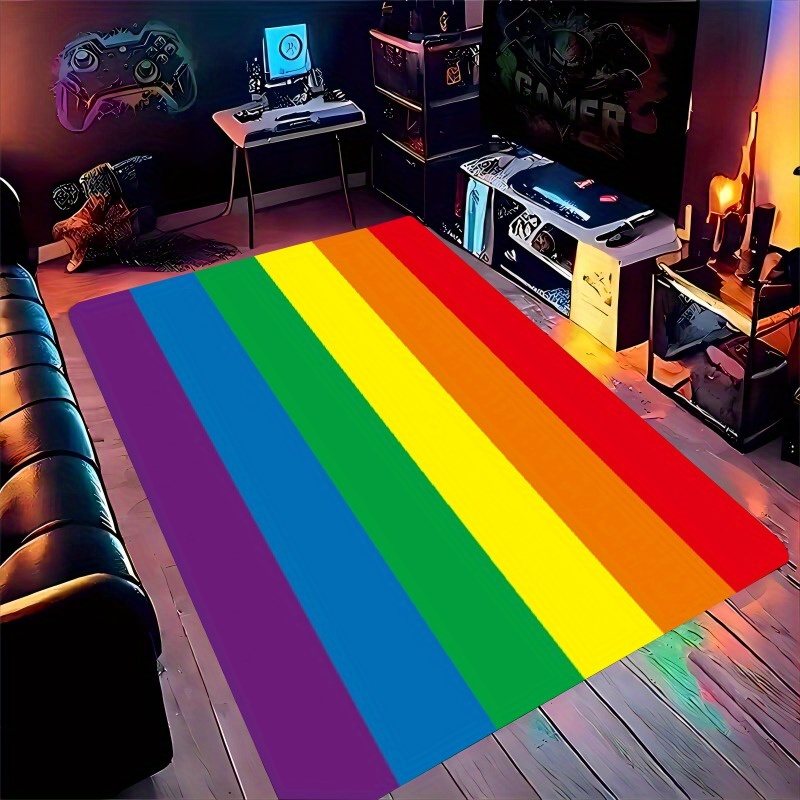 

Rainbow Striped Flannel Rug: Soft, Absorbent, And Machine Washable For Living Room, Bedroom, Or Entryway Decor