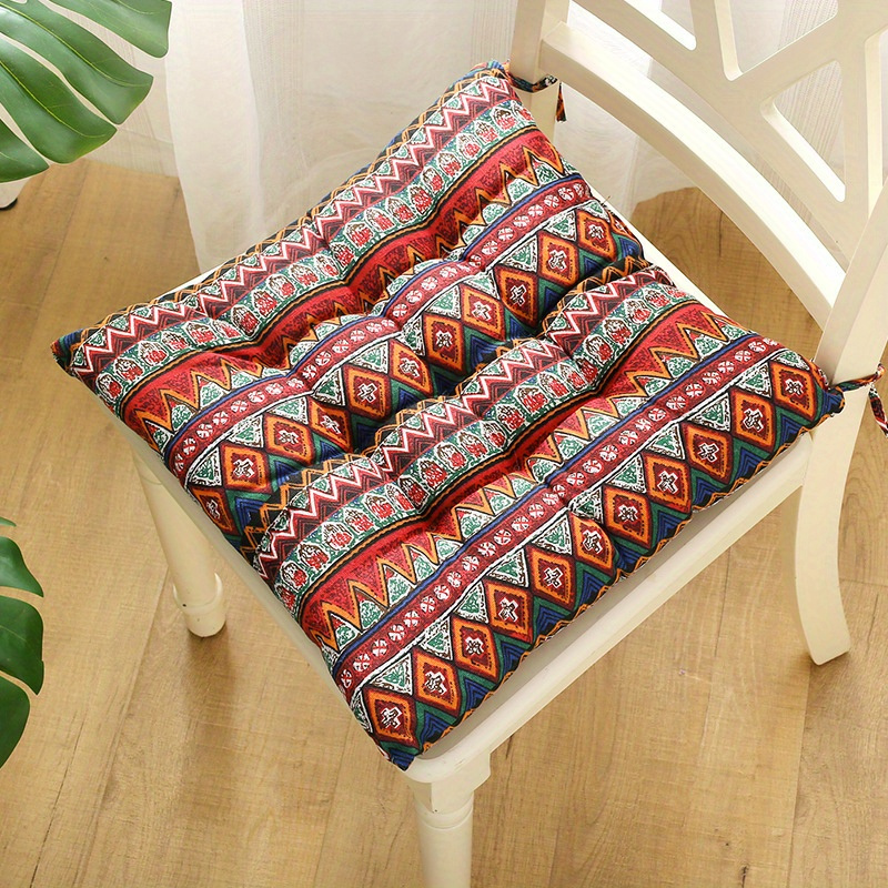 1pc Bohemian Style Polyester Seat Cushion, Machine Washable Square Chair Pad With Tie Closure For Dining And Office Use
