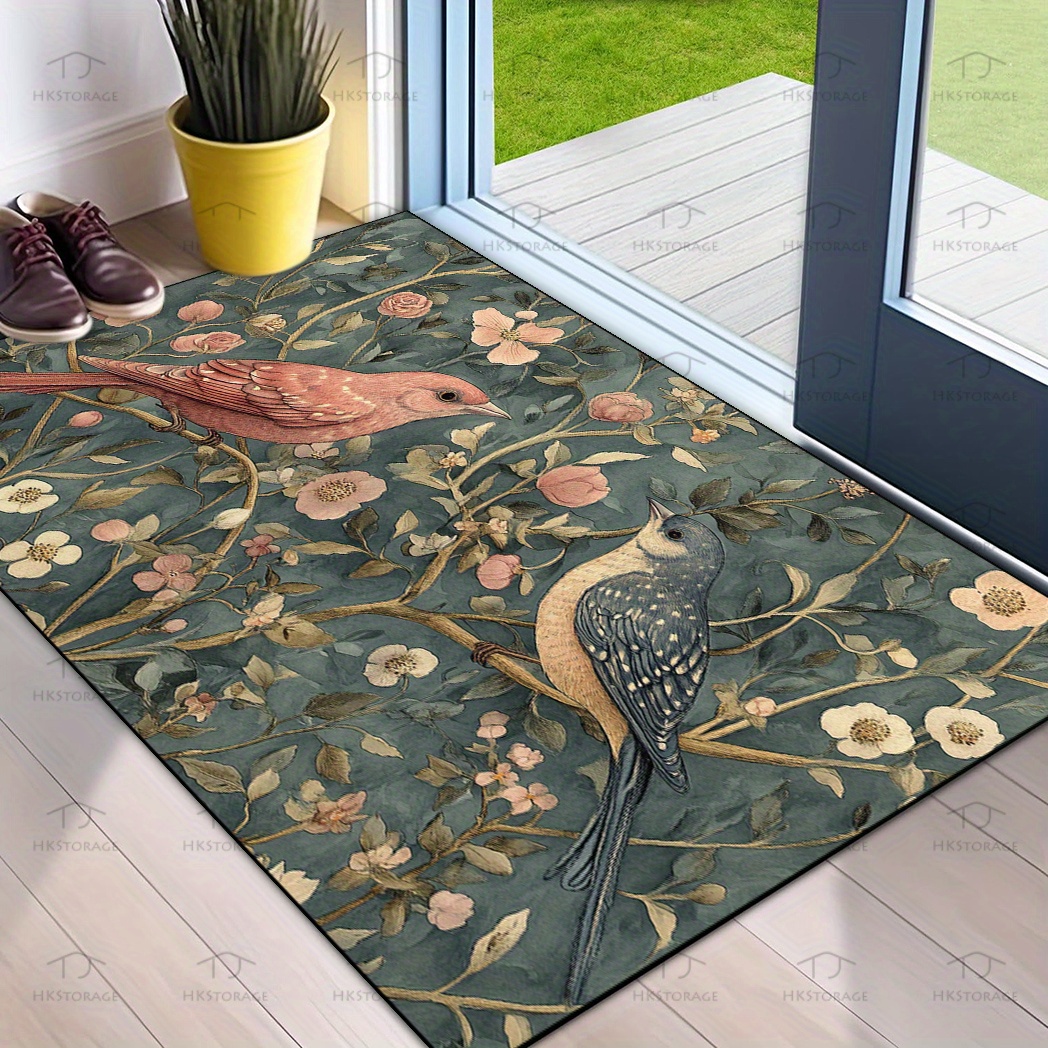 Image of 1pc Vintage Bird And Floral Pattern Welcome Doormat, Non-slip Entry Mat For Home, Suitable For Living Room, Bedroom, Bathroom, Kitchen, Yard, And Patio Decoration, Decor, Attractive And Versatile
