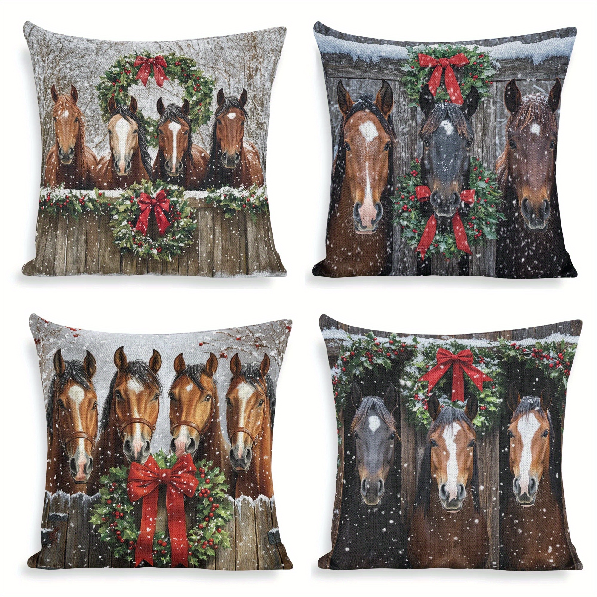 

Winter Christmas Horse Wreath Throw Pillow Covers - Set Of 4, Contemporary Style Linen Cushion Cases 18x18 Inches, Zipper Closure, Hand-washable, For Sofa, Chair, Bed, Living Room, Office Decor