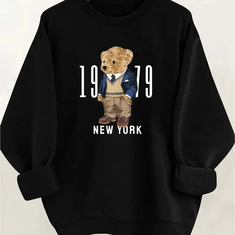 

Women's Casual Crew Neck Pullover Sweatshirt With 1979 New York Bear Print - 100% Polyester Knit Fabric, Long Sleeve Active Sweatshirt, Soft Comfortable, All-season Slight Stretch Sportswear