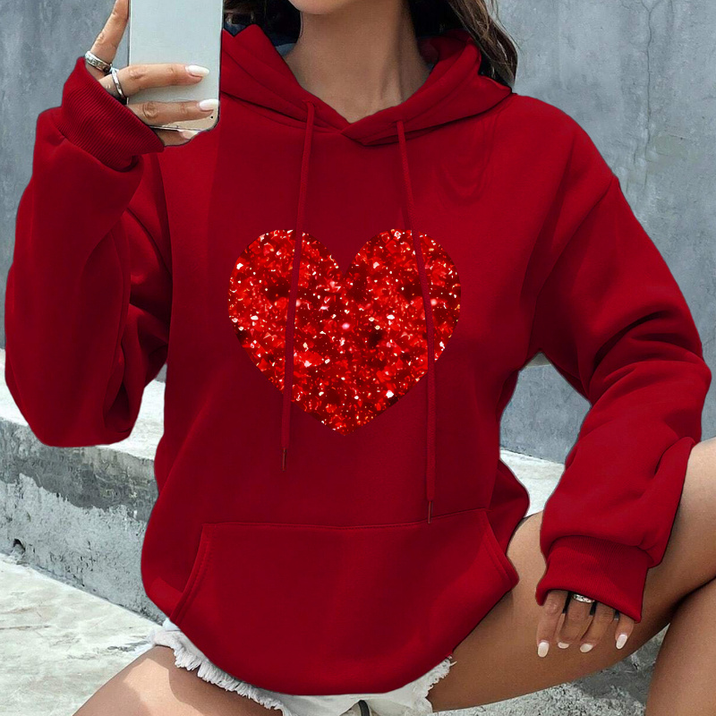 

Festive Red Heart Print Hoodie: Perfect For Casual Outings - Women's Long Sleeve Sweatshirt With Adjustable Hood And Roomy Pocket - Soft And Comfortable For Everyday Style