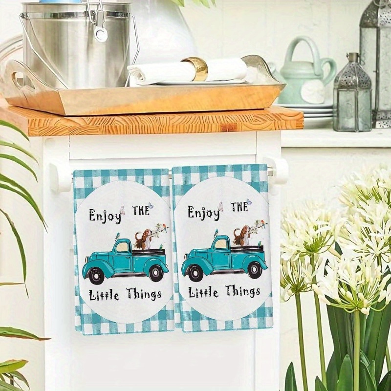 

2-piece Kitchen Towel Set - Woven Polyester, Contemporary Space Theme, Oblong, Machine Washable, Super Soft, Animal & Truck Design With Dog, Butterfly, Flower - Teal Check Plaid Dish Cloths