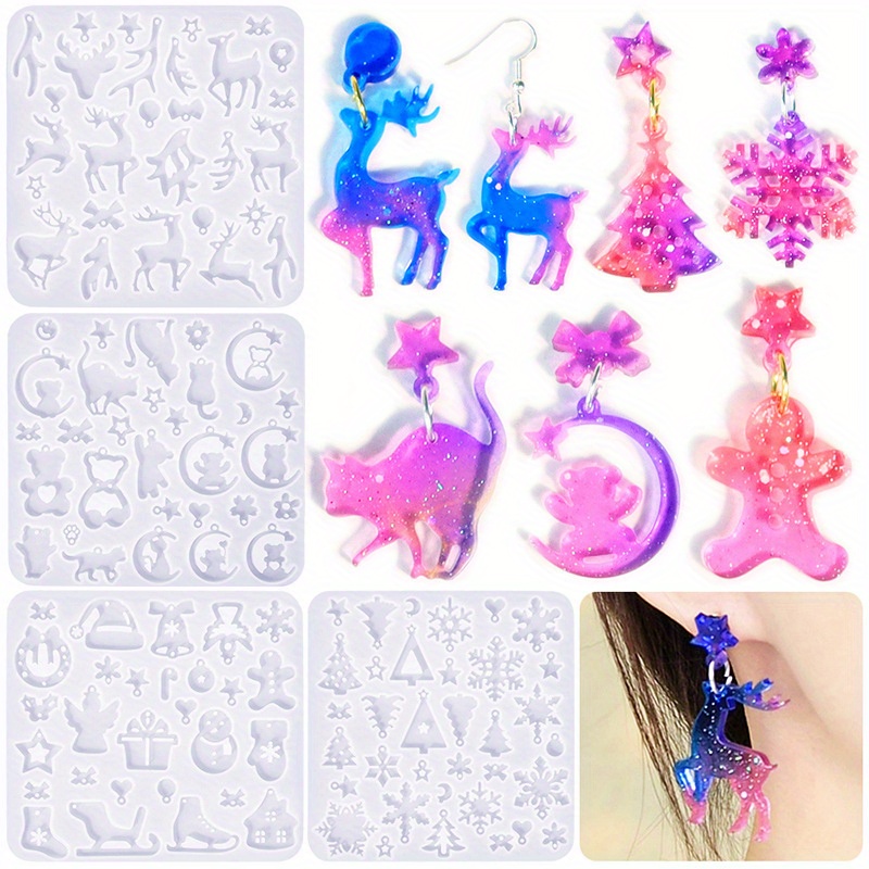 

4pcs Christmas Silicone Resin Molds For Earrings, Diy Jewelry Casting Molds Set With Snowflakes, Reindeer, Trees, And Cat Pendants Shapes, Durable Rectangle Silicone Material For Festive Crafting