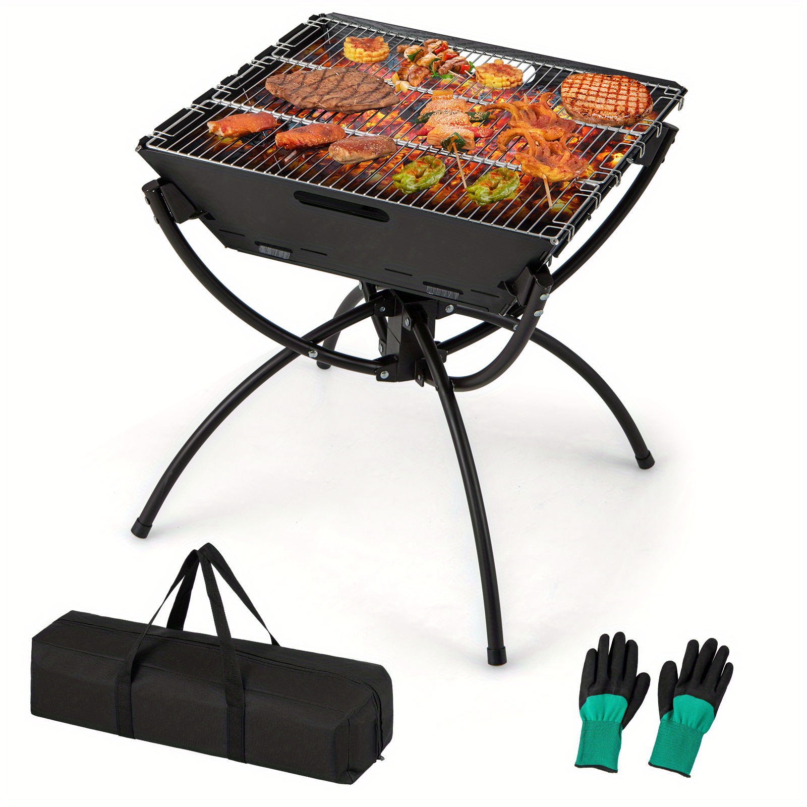 MULTIGOT Camping Campfire Grill, 3-in-1 Portable Firewood Charcoal Fire Pit W/ Stainless Steel Grills, Metal Aluminum Firepit Grill W/ Carrying Bag & Gloves, Fire Pit For BBQ, Bonfire, Outdoor Cooking