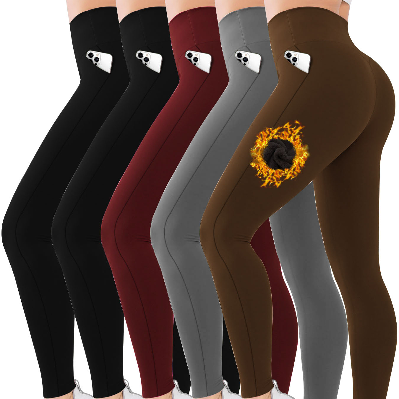 

Solid Color High Waist Leggings With Velvet And Thickening For Winter With Pockets, 5 Packs Are Affordable, And Tummy-tightening, A For Yoga, Charm Of Women