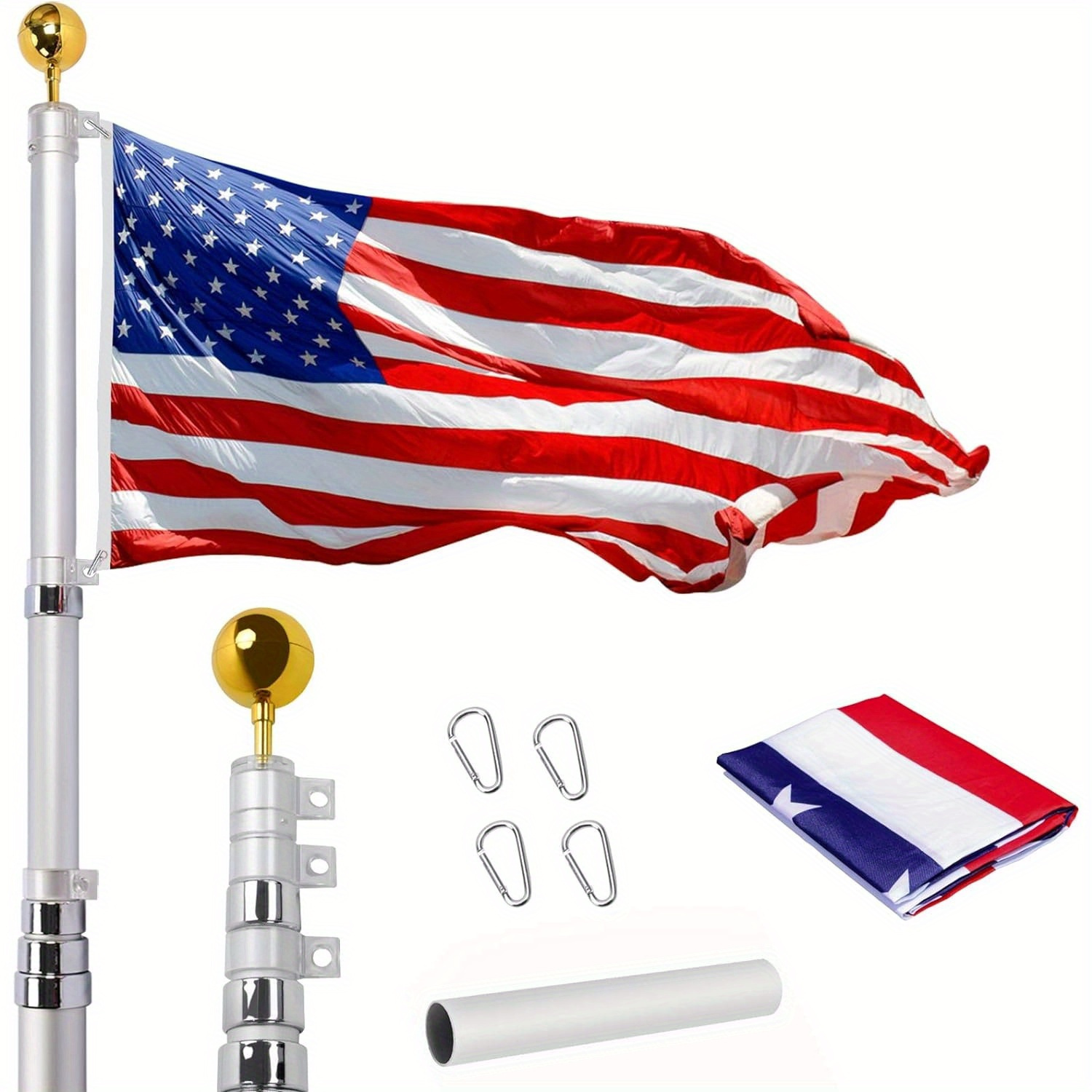 

20ft, 25ft, 30ft 13 Aluminum Flagpole Kit 3x5 Tearproof Embroidered And Metal Eagle For