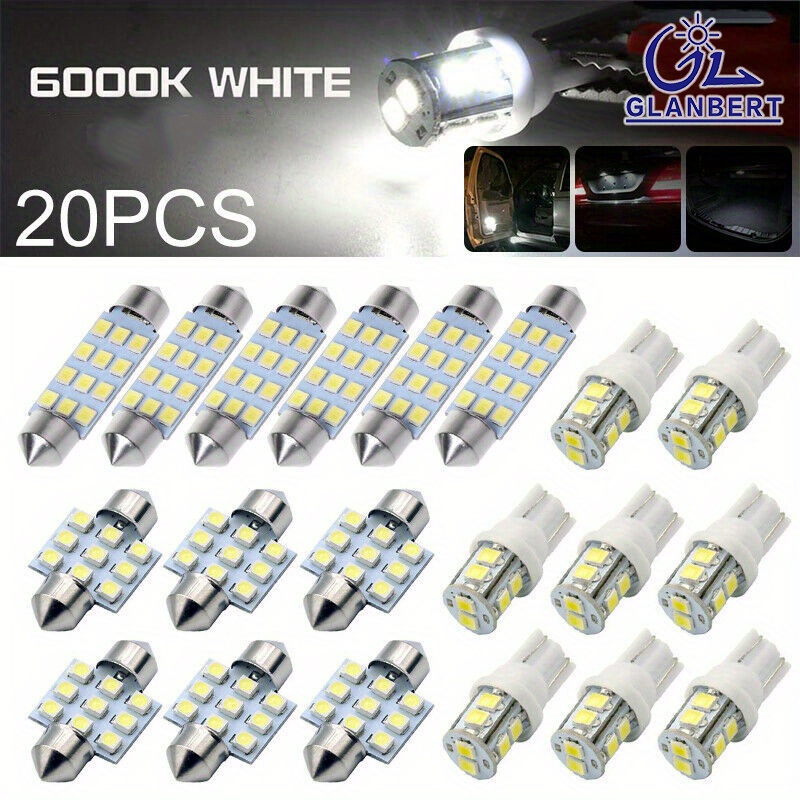 

20pcs High-brightness Led Car Interior Light Kit - T10 & T5 White Lamps For Enhanced Visibility