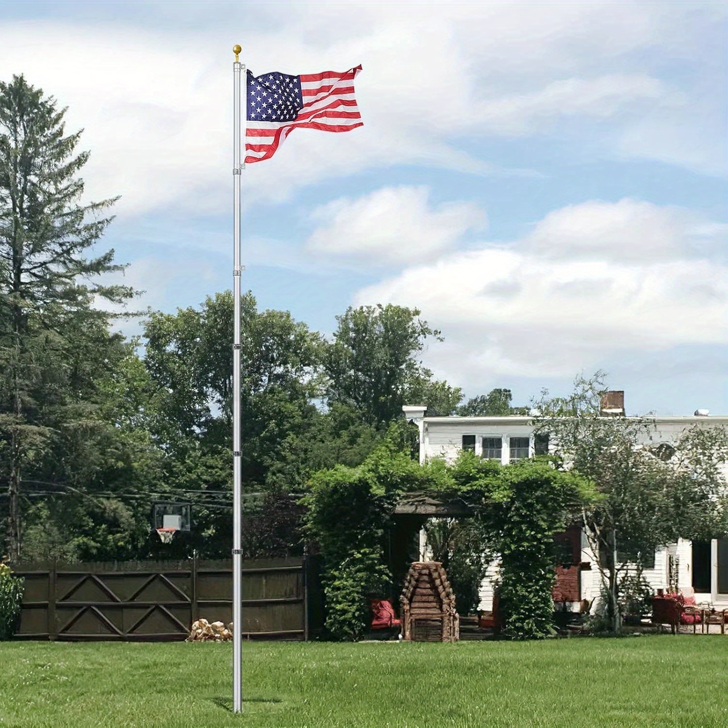 

Heavy-duty Aluminum Telescoping Flag Pole Kit With American Flag & Ornament Ball - , Rustproof Outdoor Bannerpole For Yard Or Commercial Use, Silvery