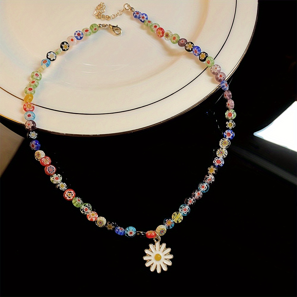 

Ladies Colored Glass Beads Daisy Sunflower Pendant Necklace