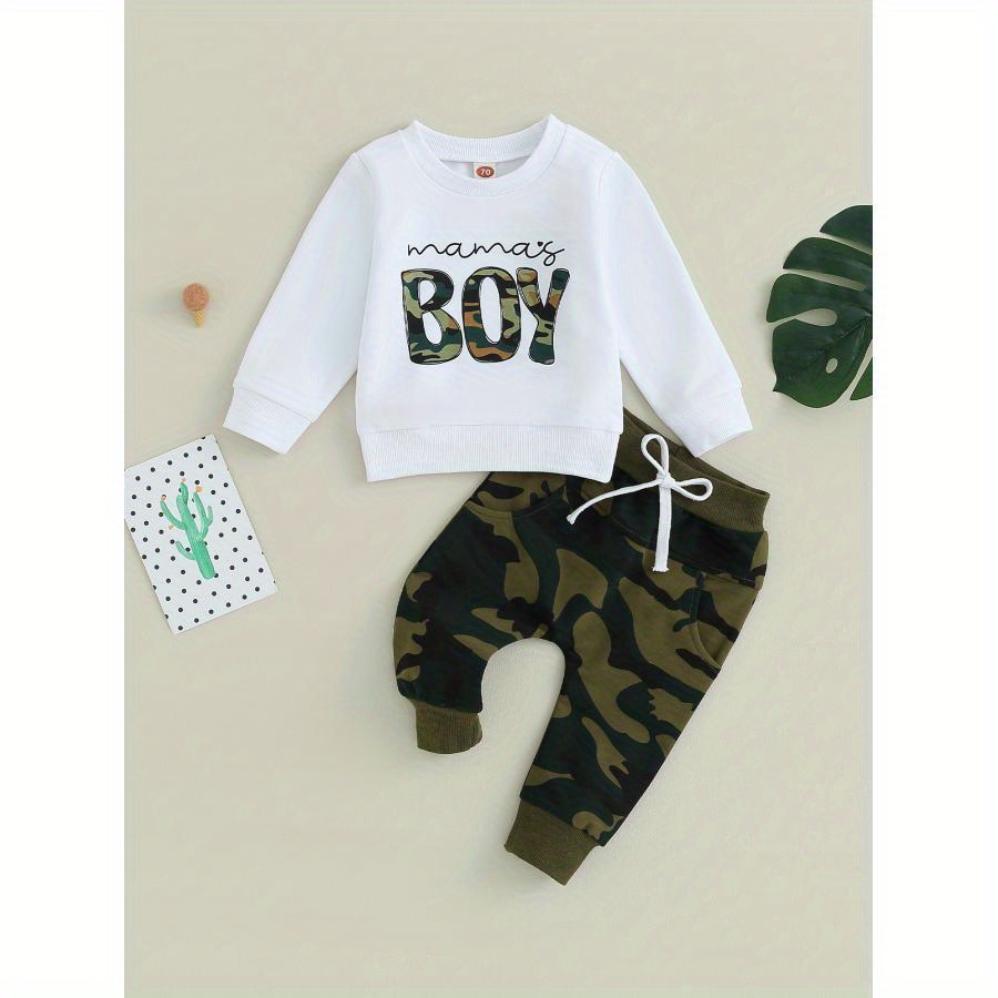 

2pcs "" Fall/winter Outfit For Toddler Boys - Cozy Long Sleeve Sweatshirt & Camouflage Pants Set, Cotton , Machine Washable, Toddler Boy Clothes, Outdoor