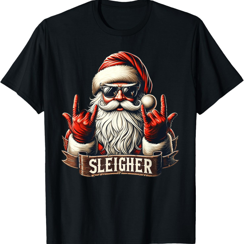 

Men's "sleigher" Santa Claus Christmas T-shirt - Rock Music Inspired, 100% Cotton, Casual Fit, Machine Washable, Round Neck Tee With ,