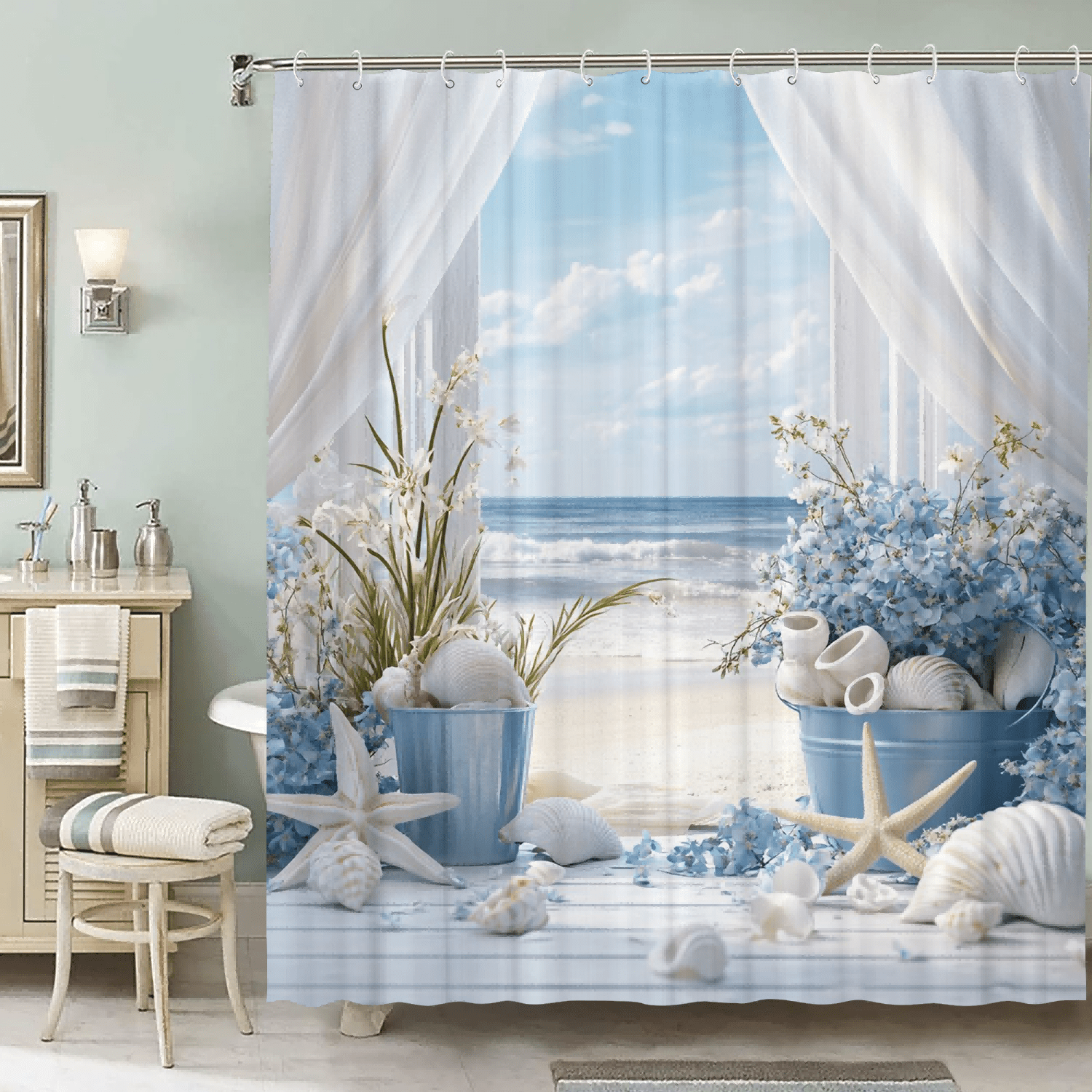 E-shop Strandblumenmuster Duschvorhang für Zimmer, Zuhause, Hotel, maschinenwaschbarer Badezimmervorhang