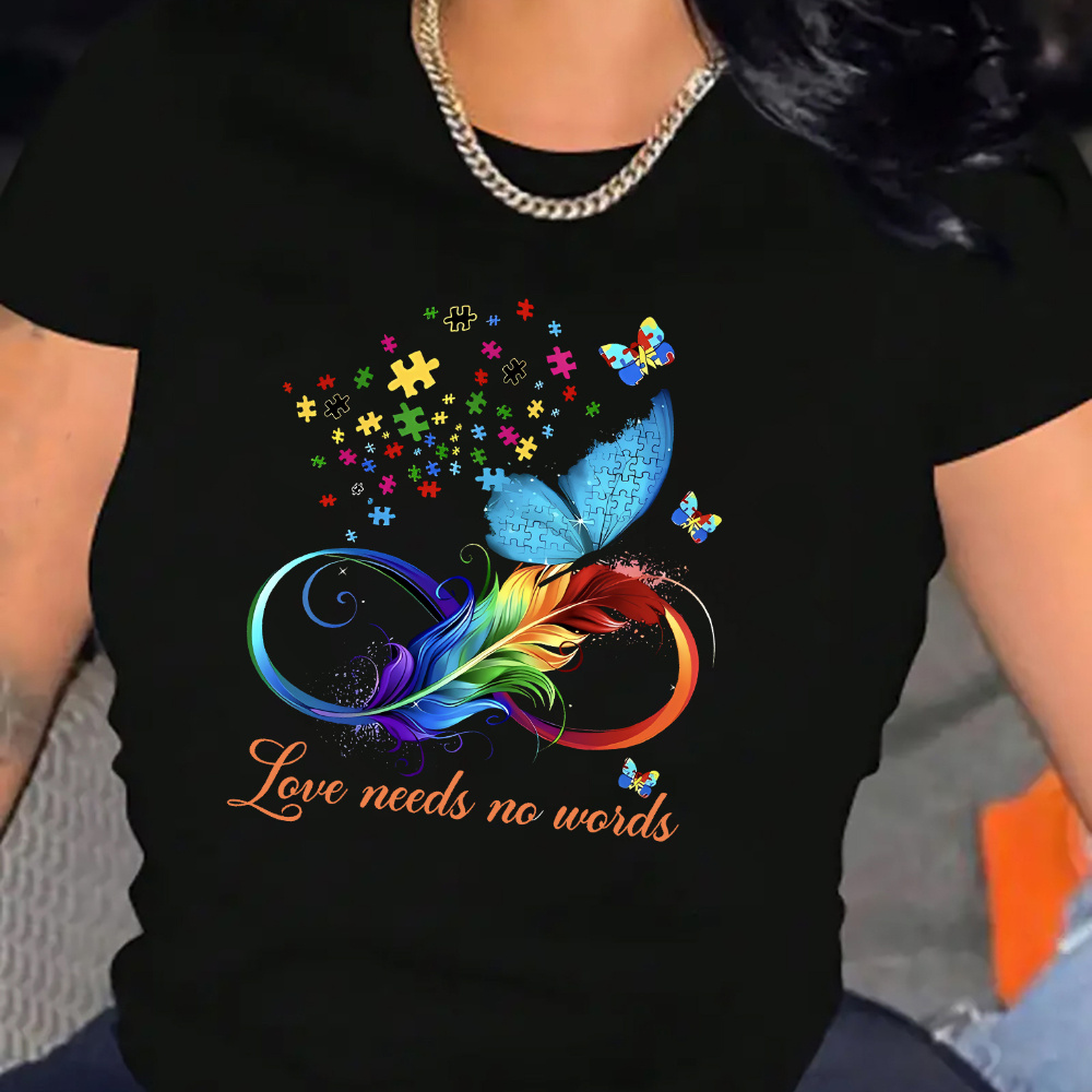 

Women's Autism Awareness Butterfly Print T-shirt, Casual Crew Neck Short Sleeve, Polyester Spandex Blend, Medium Stretch Knit Fabric, All Seasons Geometric Pattern Top