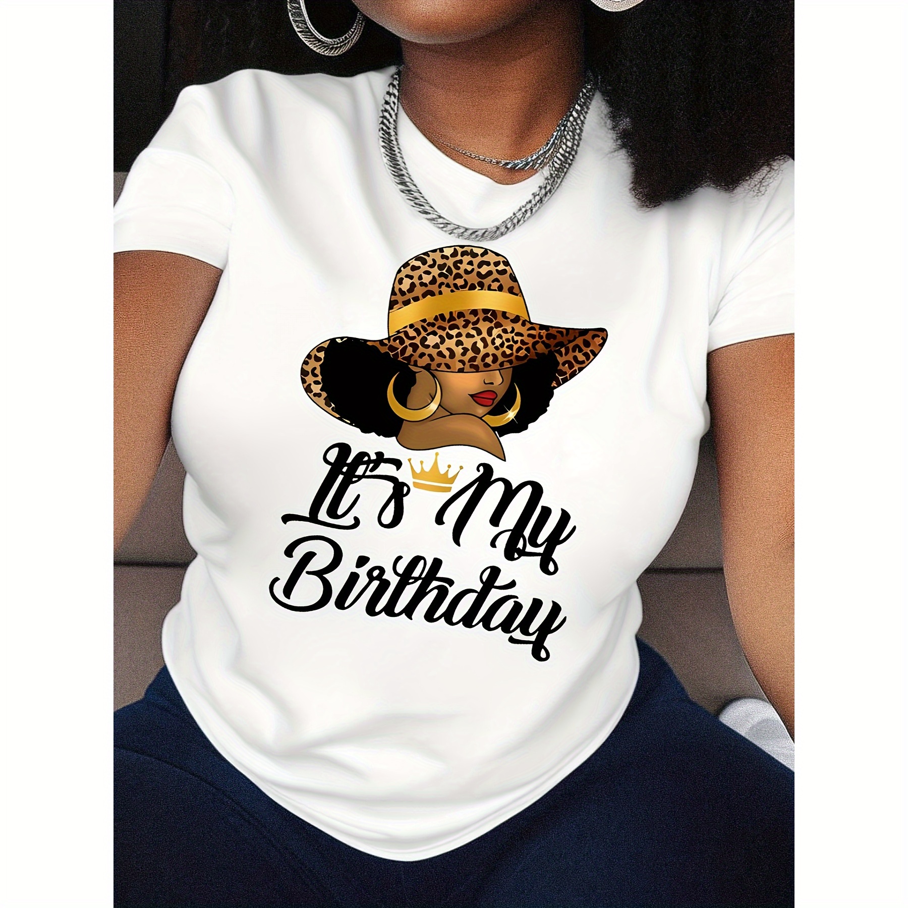 

Plus Sizeleopard Hat Birthday Printed T-shirt, Casual Short Sleeve Round Neck Top Spring And Summer, Women's Clothing