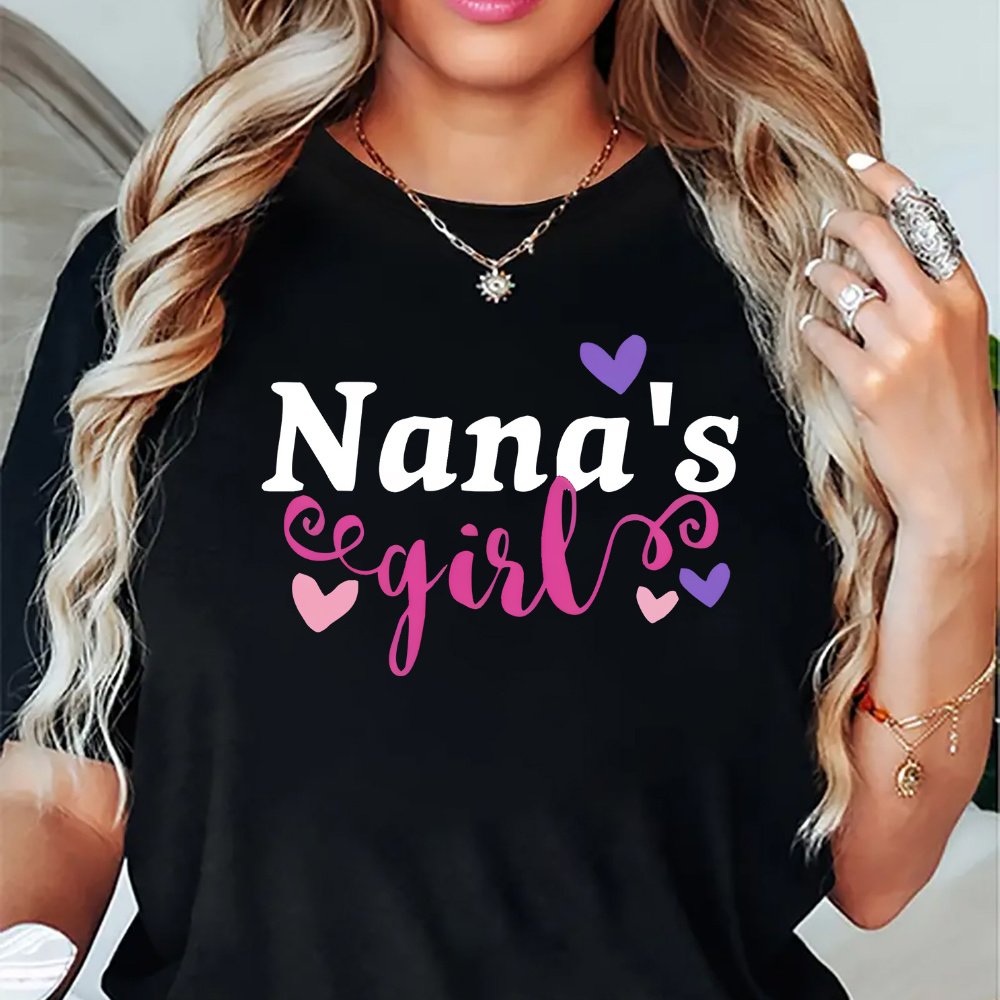 

Women's "nana's Girl" Letter Print Casual T-shirt With Crew Neck, Short Sleeve, Polyester And Spandex Blend, Medium Stretch Fabric - All Season