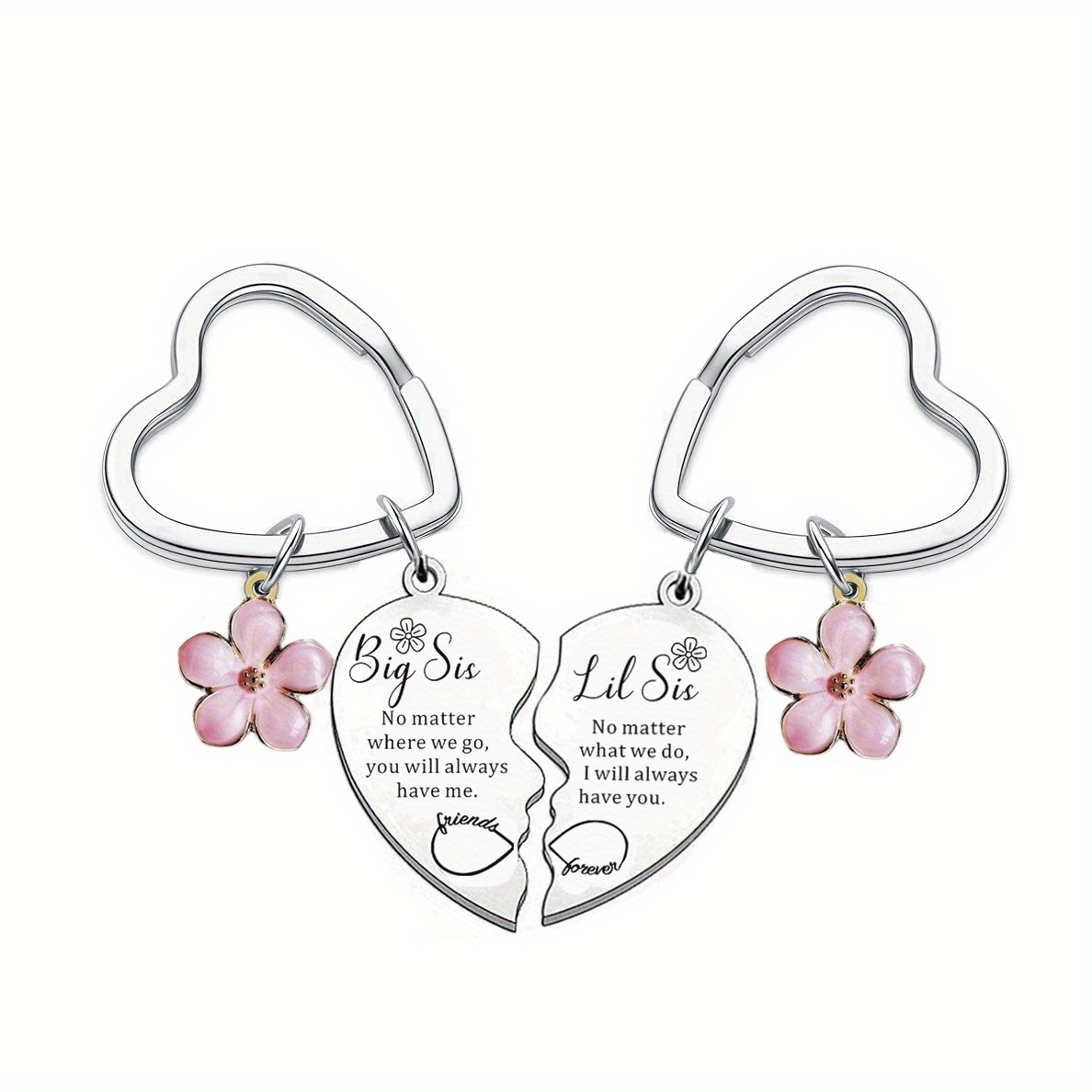 

Stainless Steel Sister Keychain Set, 2 Pc Heart-shaped Engraved Floral Keyrings, Birthday Festival Gift, Decorative Ring With Flower & Alphabet Charms - Matching Keychains For Sisters