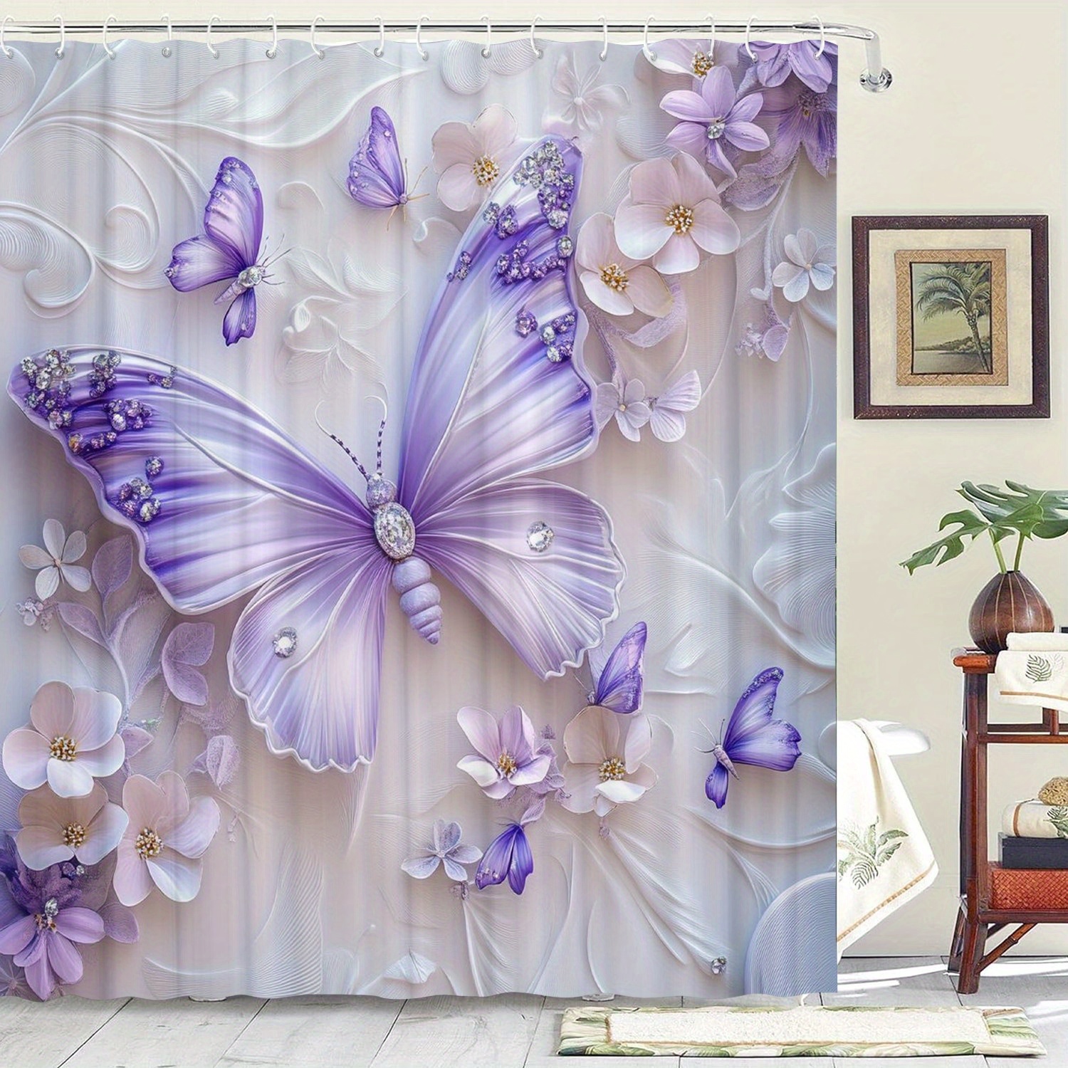 

Water-resistant Shower Curtain With Butterfly And Floral Pattern, Non-woven Fabric, Graphic Arts Theme, Includes 12 Hooks, Machine Washable Bathroom Curtain For Home And Hotel