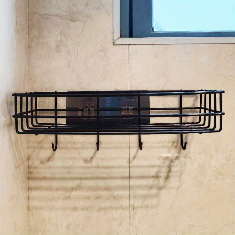Multifunctional Wall-mounted Bathroom Storage Rack, Kitchen Storage Rack, 1pc Cast Shower Gel Rack With Hook, Punch-free Wall-mounted Bathroom Essentials Storage Rack