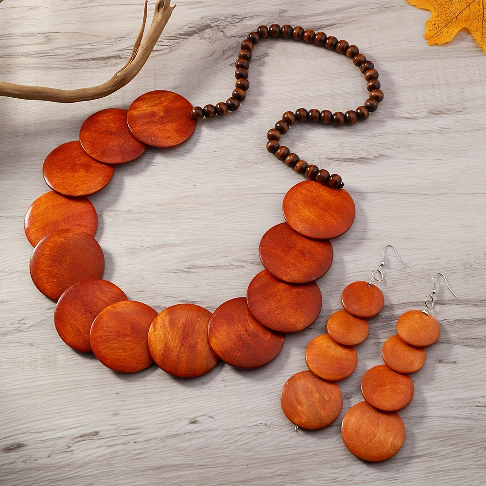 

Elegant Wooden Statement Necklace And Earrings - Perfect For Everyday Festivals