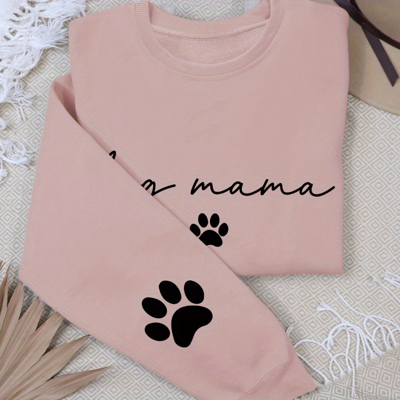 

Letter Print Long Sleeve Crewneck Sweatshirt With Paw Print Details