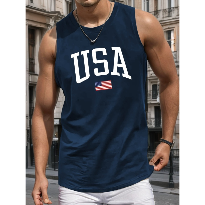 

Usa Graphic Crew Neck Polyester Tank Top For Men - Geometric Pattern, Casual Summer Knit Fabric Sleeveless Shirt With Slight Stretch - Regular Fit Adult Tank Top