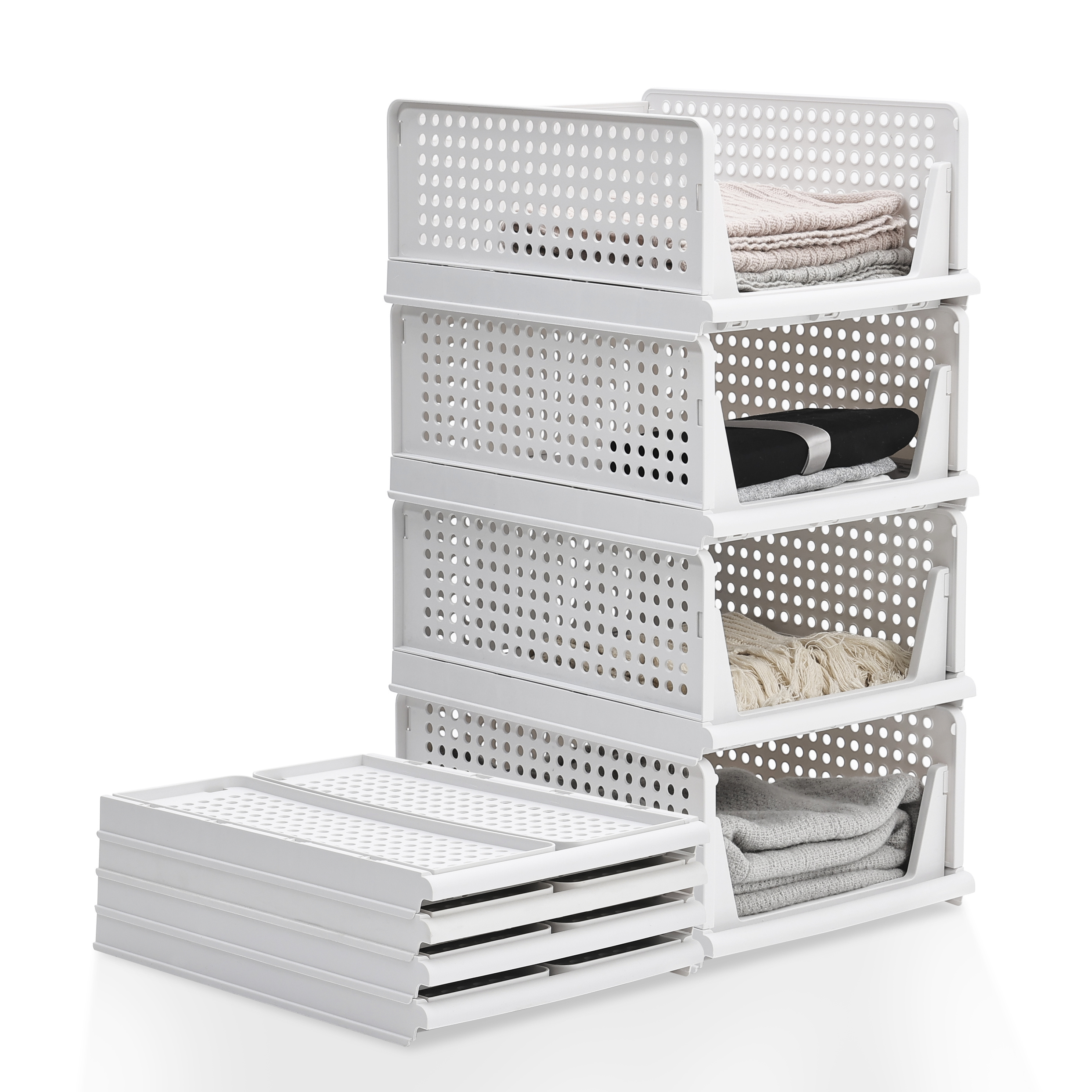 Image of Faridabio 4pcs Multi-functional Stacking And Folding Plastic Storage Basket: Home Closet/kitchen/bathroom/bedroom/office Clothes And Miscellaneous Organizer, Shelf Baskets