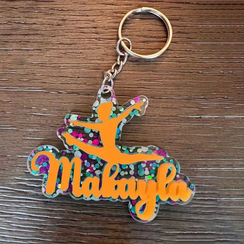 TEMU Custom Pink Acrylic Keychain - Double Layer Golden/silvery/rose Accents, Gymnastics Name Tag, Perfect Gift For School Or Holidays