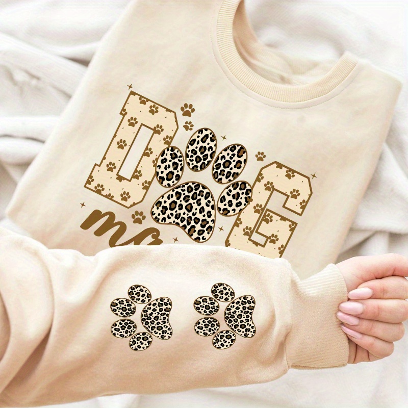 

Leopard Print Graphic Crew Neck Long Sleeve Sweatshirt - 100% Polyester Knit Casual Spring/fall Pullover