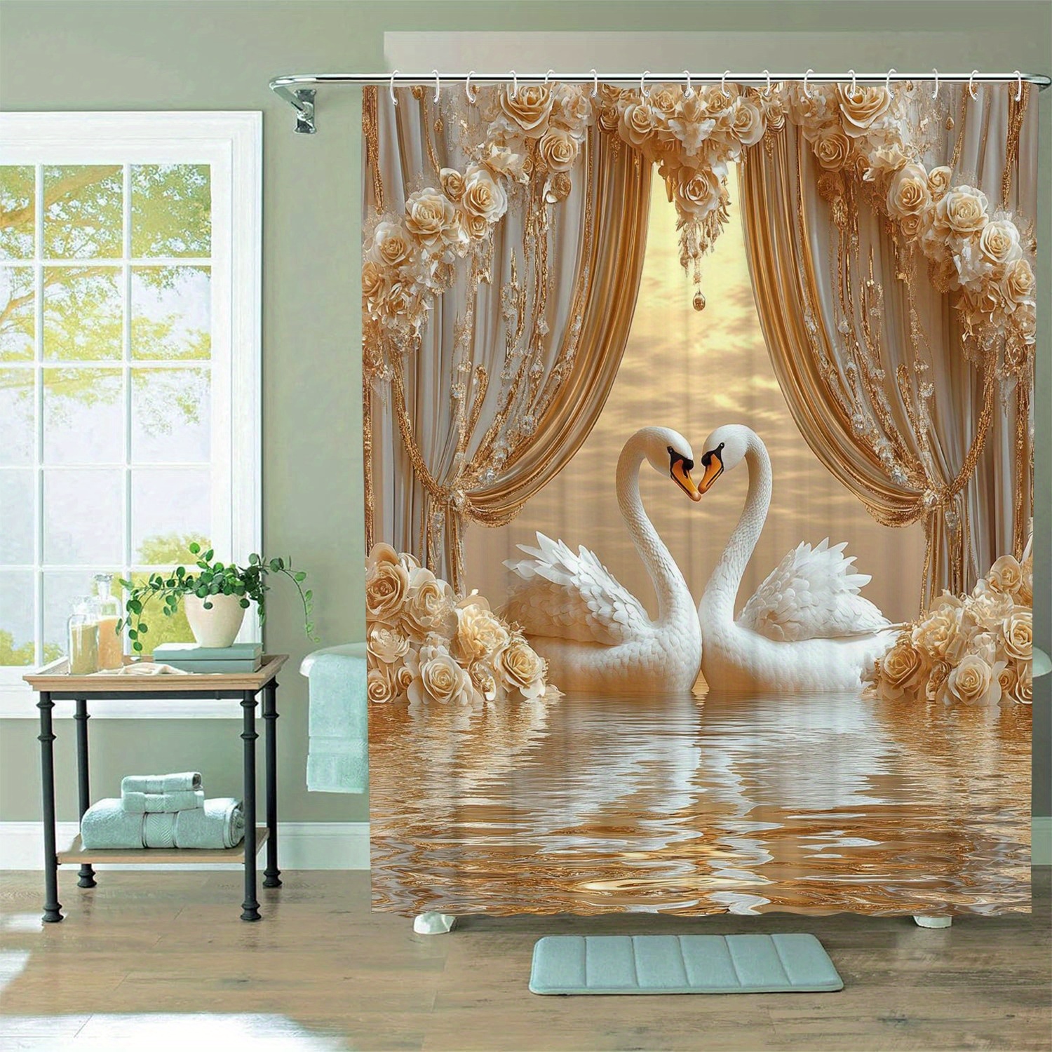 

Luxurious Floral Swan Pattern Shower Curtain With 12 Hooks, Water-resistant Non-woven Fabric, Machine Washable, Artistic Graphic Print Bath Decor For Home And Hotel