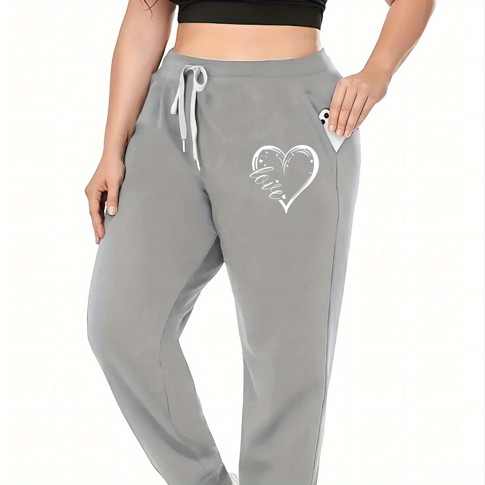 

Women's Plus Size Casual Joggers With Heart Print, Elastic Waistband, Drawstring, Machine Washable - Stretch Knit Fabric, Polyester, For Sports And Leisure Outfits