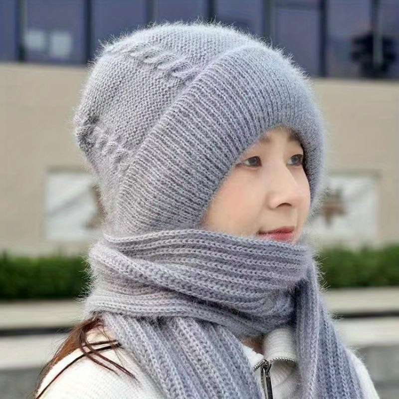 

[customer ] Cozy Knit Winter Beanie With Integrated Scarf - , Warm & Stretchy For Women | Soft Polyester