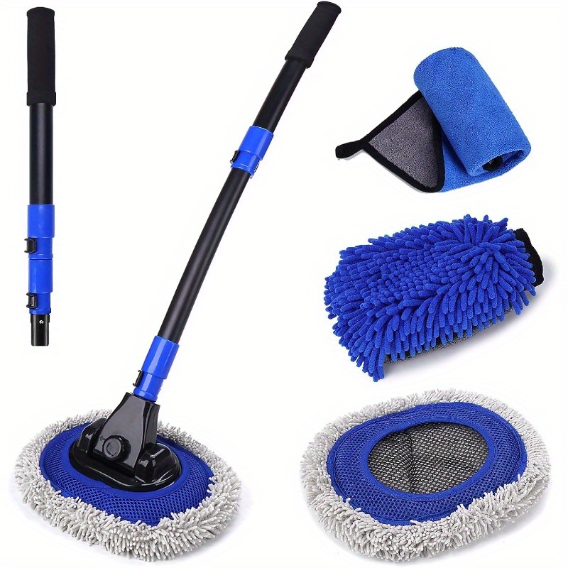 3pcs car wash kit with long handle 15 curved pole design microfiber brush head adjustable length ideal for cars rvs trucks pickups   extra large brush head chenille mitt and microfiber towel vehicle cleaning tool ergonomic   aluminum alloy pole car cleaning accessories