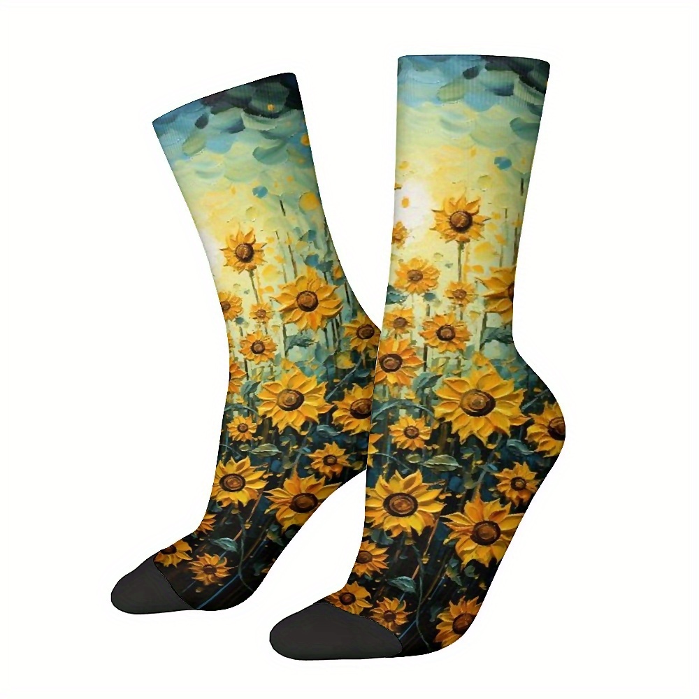 

Sunflower Field Print Crew Socks, Knitted Polyester Fabric With Spandex, Hand Wash Only, Unisex Novelty Fun Socks For Crew, Gift For Boys And Girls - 1 Pair