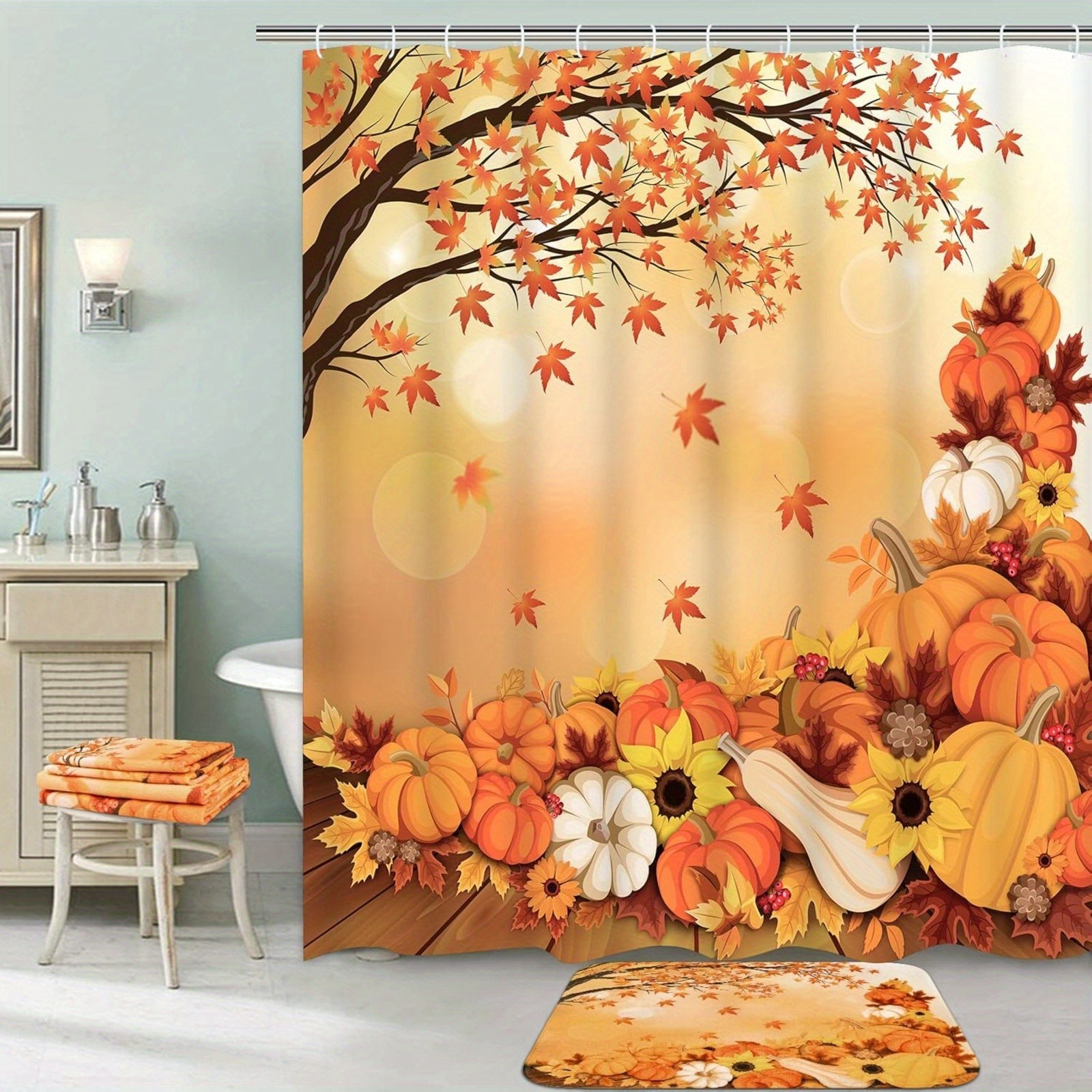 

Fall Shower Curtain Set Rug, Lid , Bath Mat And Towels, Bathroom Rug Set Towels, Bathroom Decor