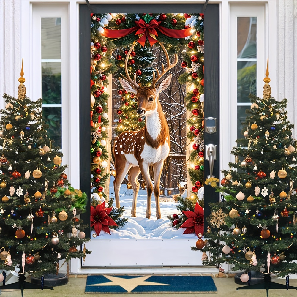 

Merry Christmas Door Banner With Elk & Red Bow - Snowy Scene, Polyester, Indoor/outdoor Decor, Parties, And Photo Props, Reindeer Holiday Decoration 35x70 Inches