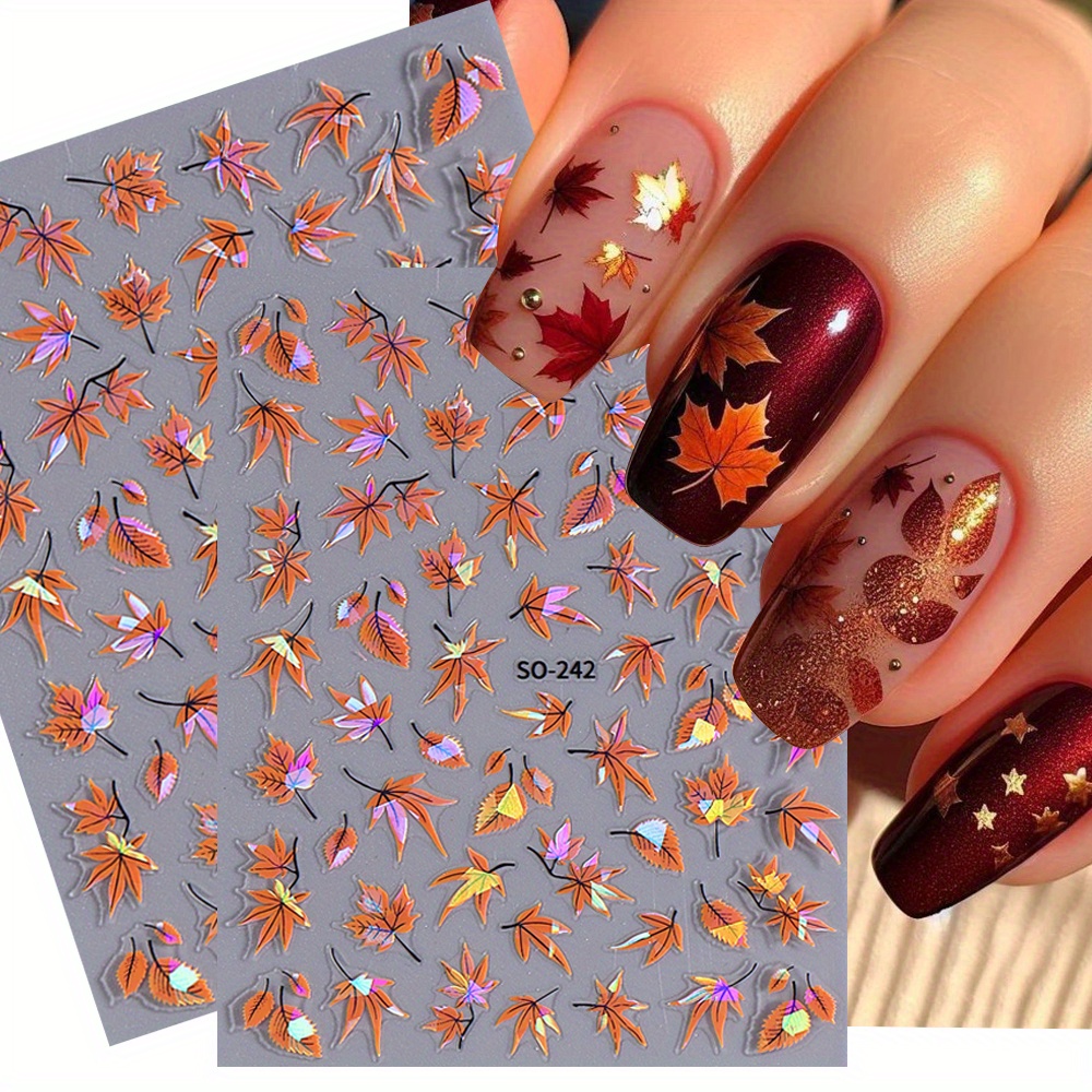 

2pcs Fall Autumn 3d Nail Art Stickers Laser Glitter Leaf Nail Sliders Self Adhesive Decals For Nails Supplies Manicure Decoration For Women Girl