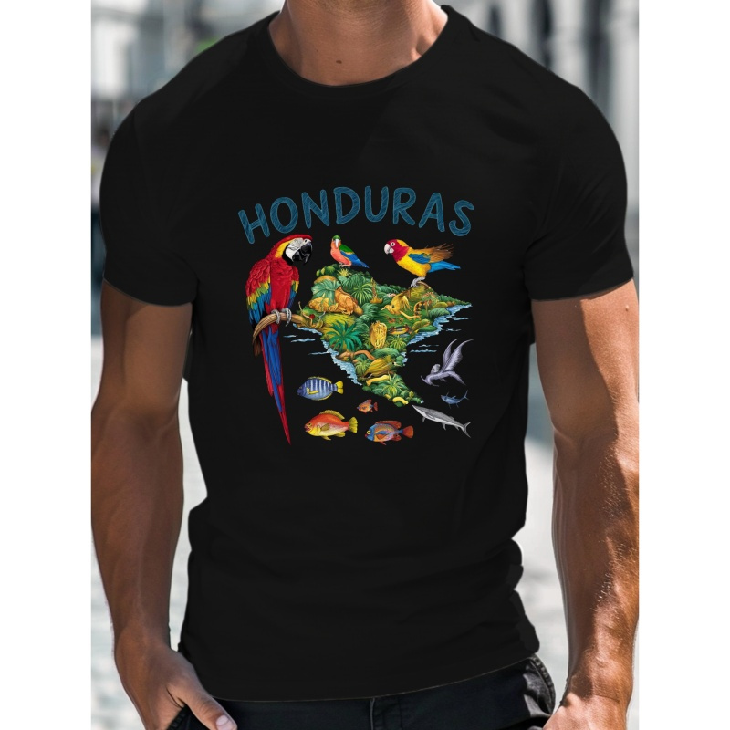 

Men's Tropical Honduras Graphic Tee, Round Neck Short Sleeve, Casual Polyester T-shirt, Vibrant Illustration, Summer Fashion Top, Regular Fit, Stretch Knit Fabric