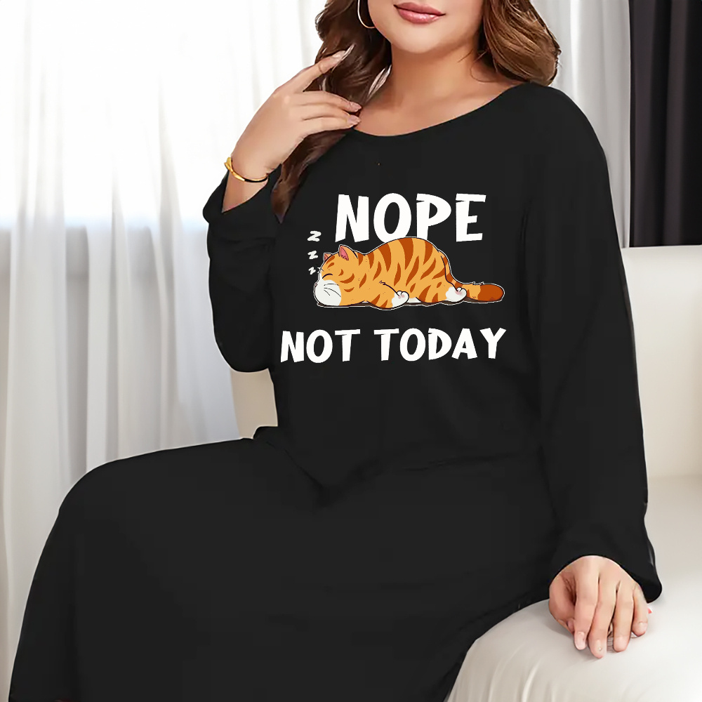 

Cozy Plus Size Women' Dress With Cute Cat & 'nope ' Print - Long Sleeve, Round Neck Nightgown For Fall/winter, Casual, Home & Out