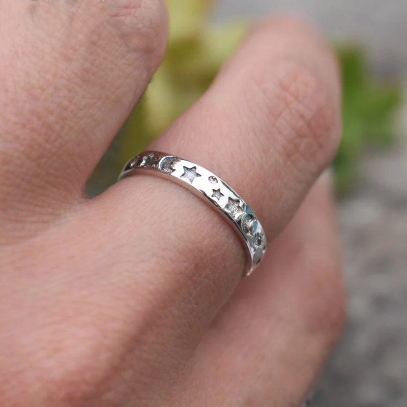 Stainless Steel Women's Moon and Stars Ring Stackable Crescent Star Ring Gift