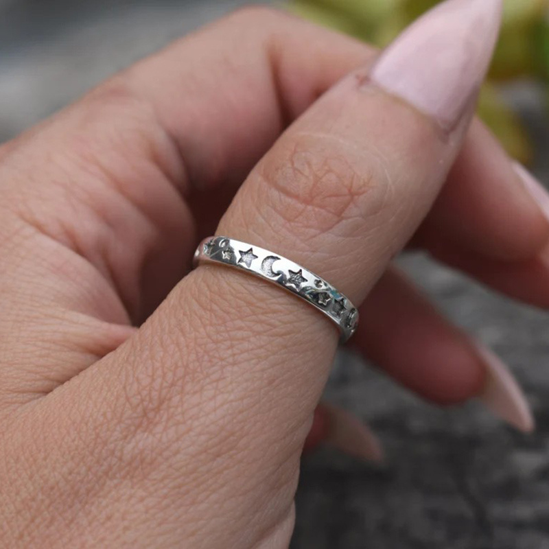 Stainless Steel Women's Moon and Stars Ring Stackable Crescent Star Ring Gift
