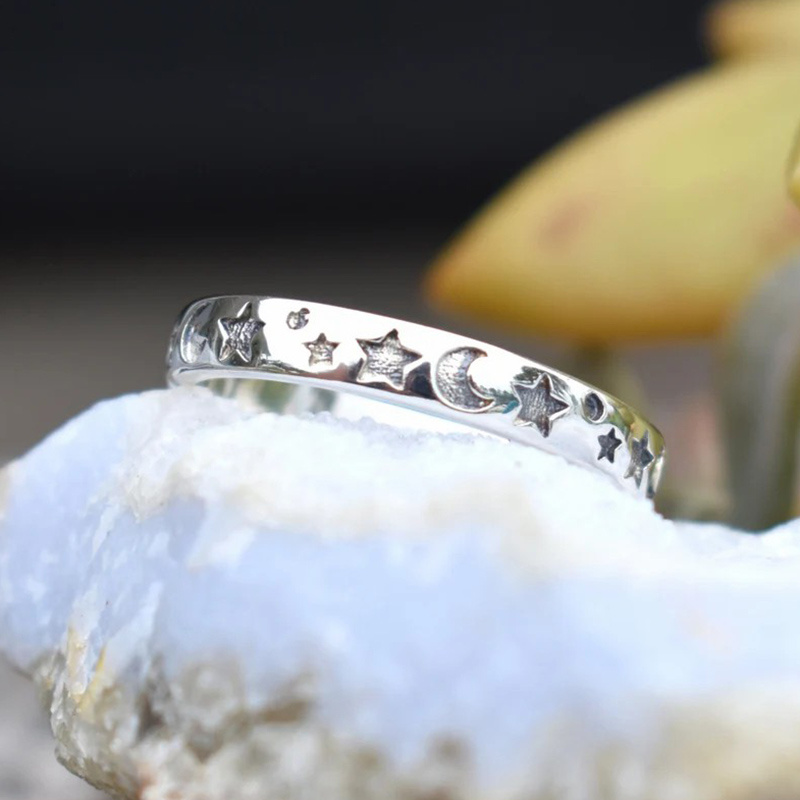 Stainless Steel Women's Moon and Stars Ring Stackable Crescent Star Ring Gift