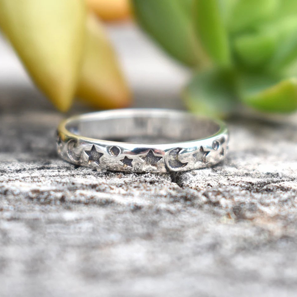 Stainless Steel Women's Moon and Stars Ring Stackable Crescent Star Ring Gift