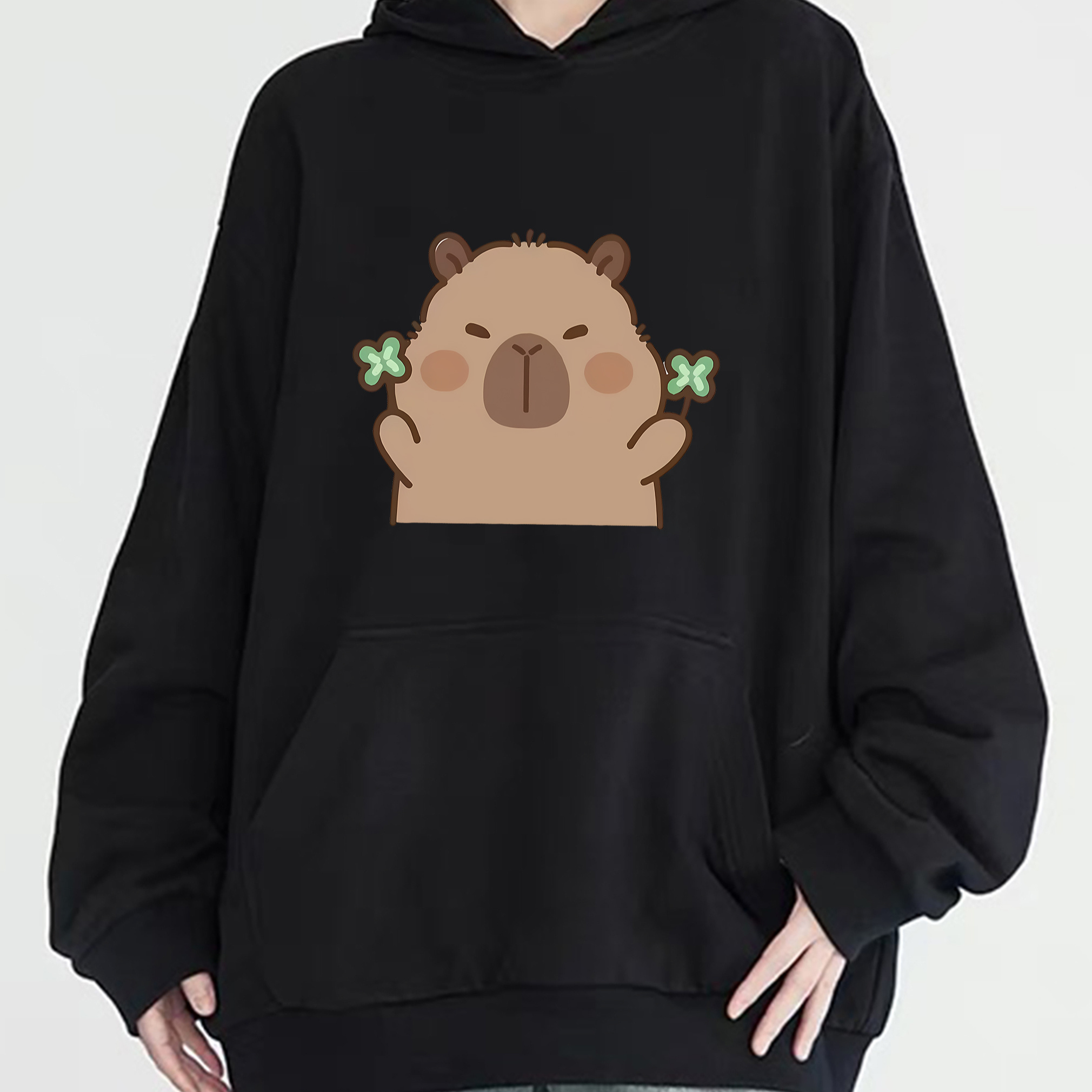 

Women's Cute Capybara Print Casual Hoodie - 100% Polyester Knit Fabric, Long Sleeve, Hooded Neck With Pocket, Solid Color Pullover For All Seasons