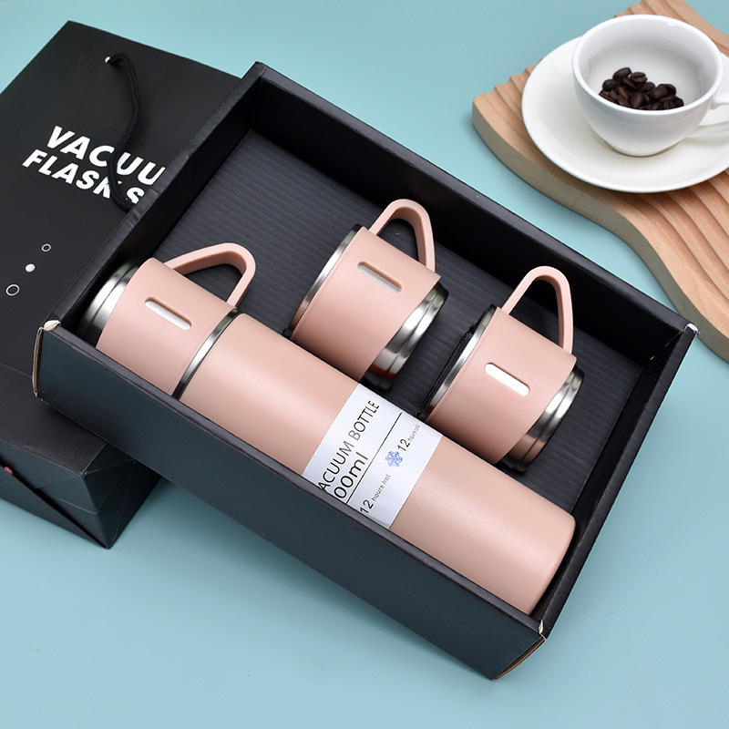 Set de Regalo de 4 Botellas y Tazas de Acero Inoxidable - Grande con 3 Tazas Pequeñas + 1 Botella de Agua, Tapas Triples para Bebidas Frías/Calientes, Portátil para Negocios, Escuela, Oficina, Camping, Viajes - Acero 304, Manual
