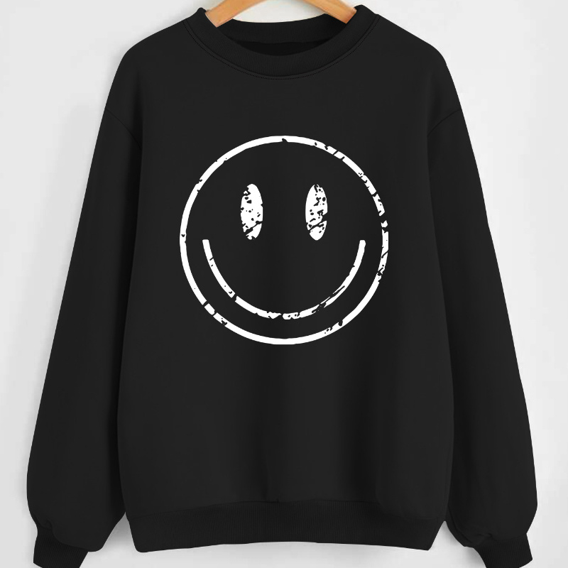 

Geometric Smile Face Print Casual Sweatshirt - Crew Neck Knit Polyester Blend Long Sleeve Pullover For All Seasons