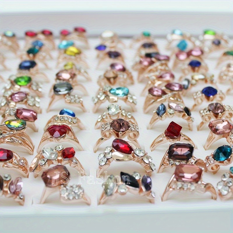 

20pcs Assorted Colored Glass Rings With Rhinestone Accents - Random Sizes & Shapes, In Opp Bags ( Included)